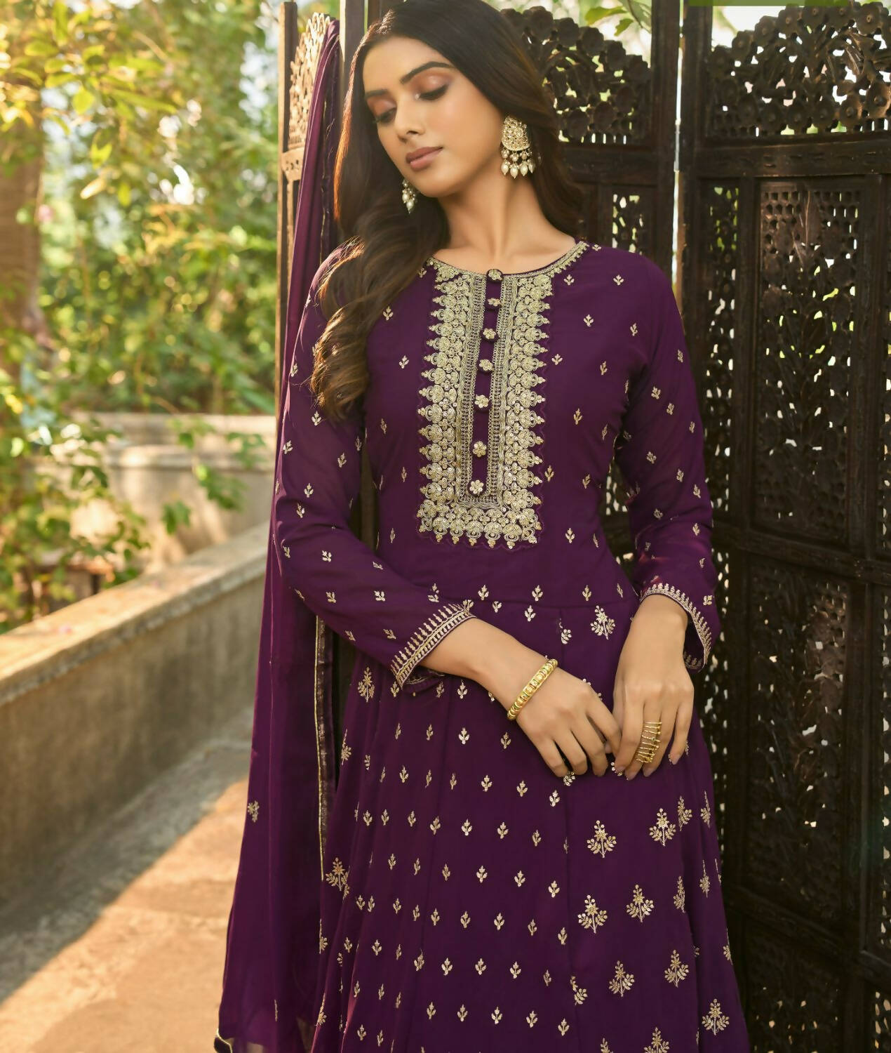 Purple Heavy Faux Georgette Anarkali Embroidered Kurta Set - Dhvani