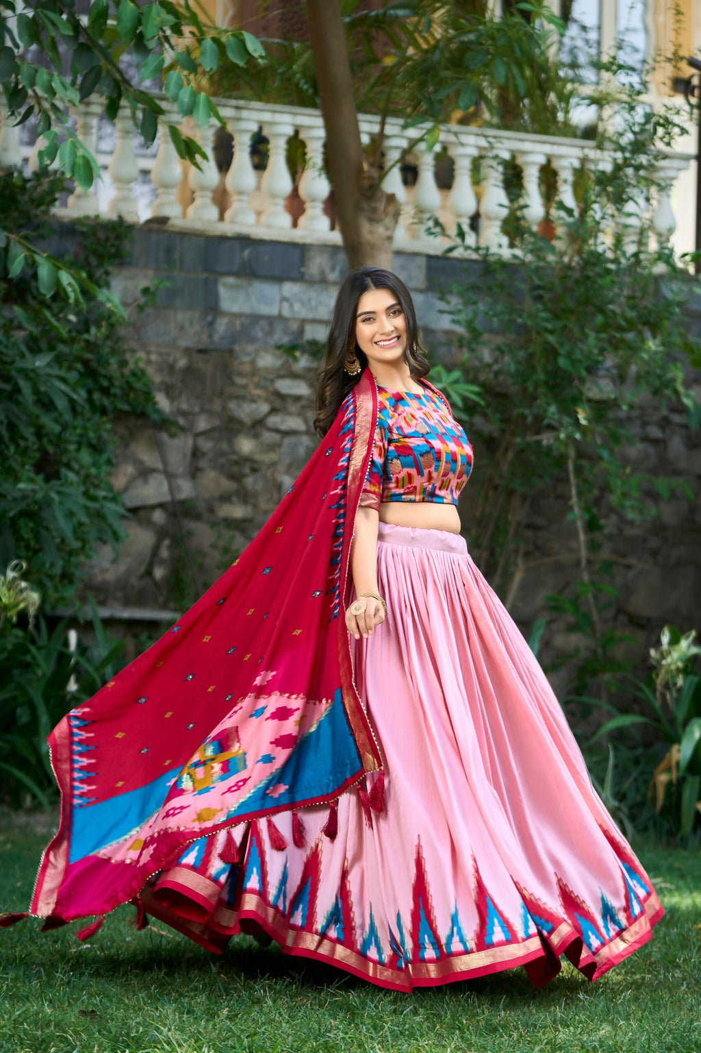 Vastranavya Printed and Foil Work Tussar Silk Lehenga with Unstitched Blouse - Peach
