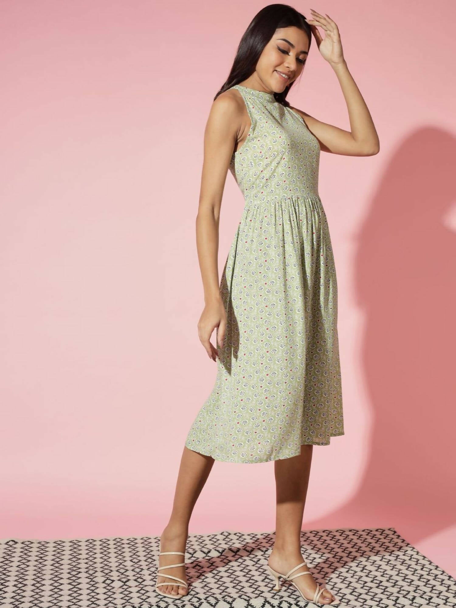 Myshka Women Ethnic Motifs Rayon A-Line Round Neck Green Dress