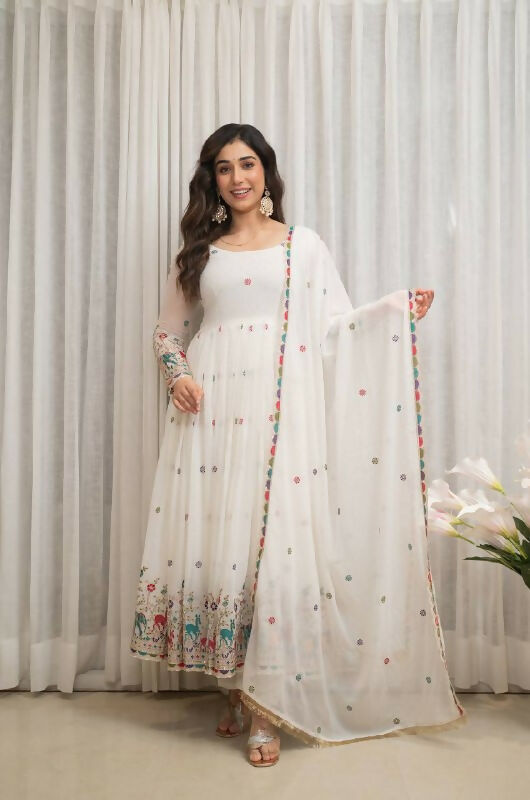 Joban Fashion White Georgette Sequence Embroidery Work Readymade Kurta Set