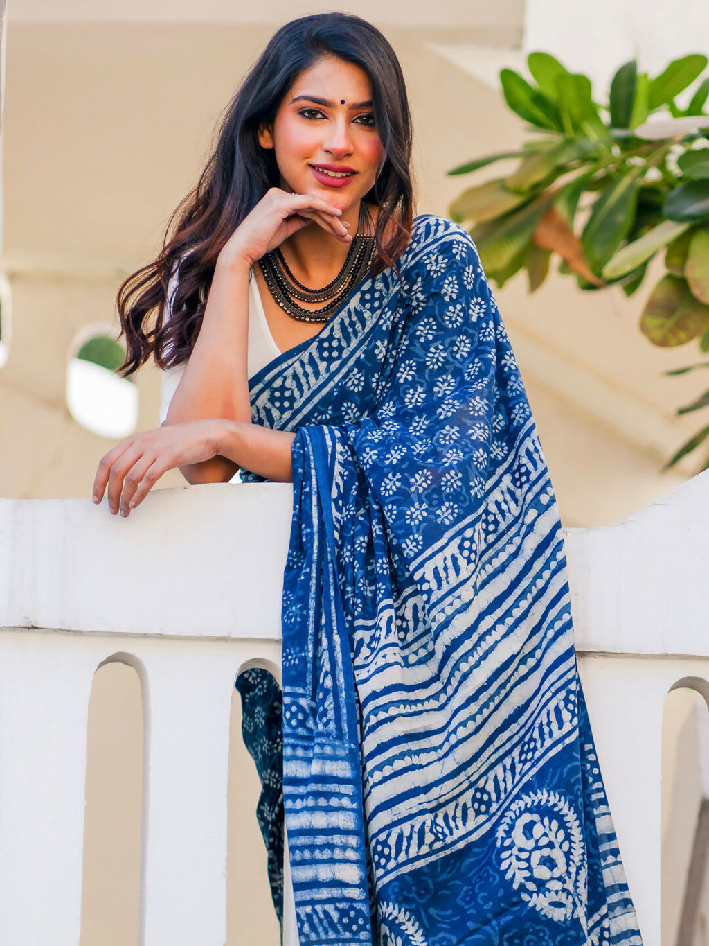 Zibaa Hand-Blocked Pure Mul Cotton Indigo Saree