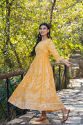 Juniper Yellow Floral Printed Georgette Maxi Dress With Beads Kantha Work & Sequins At Neckline