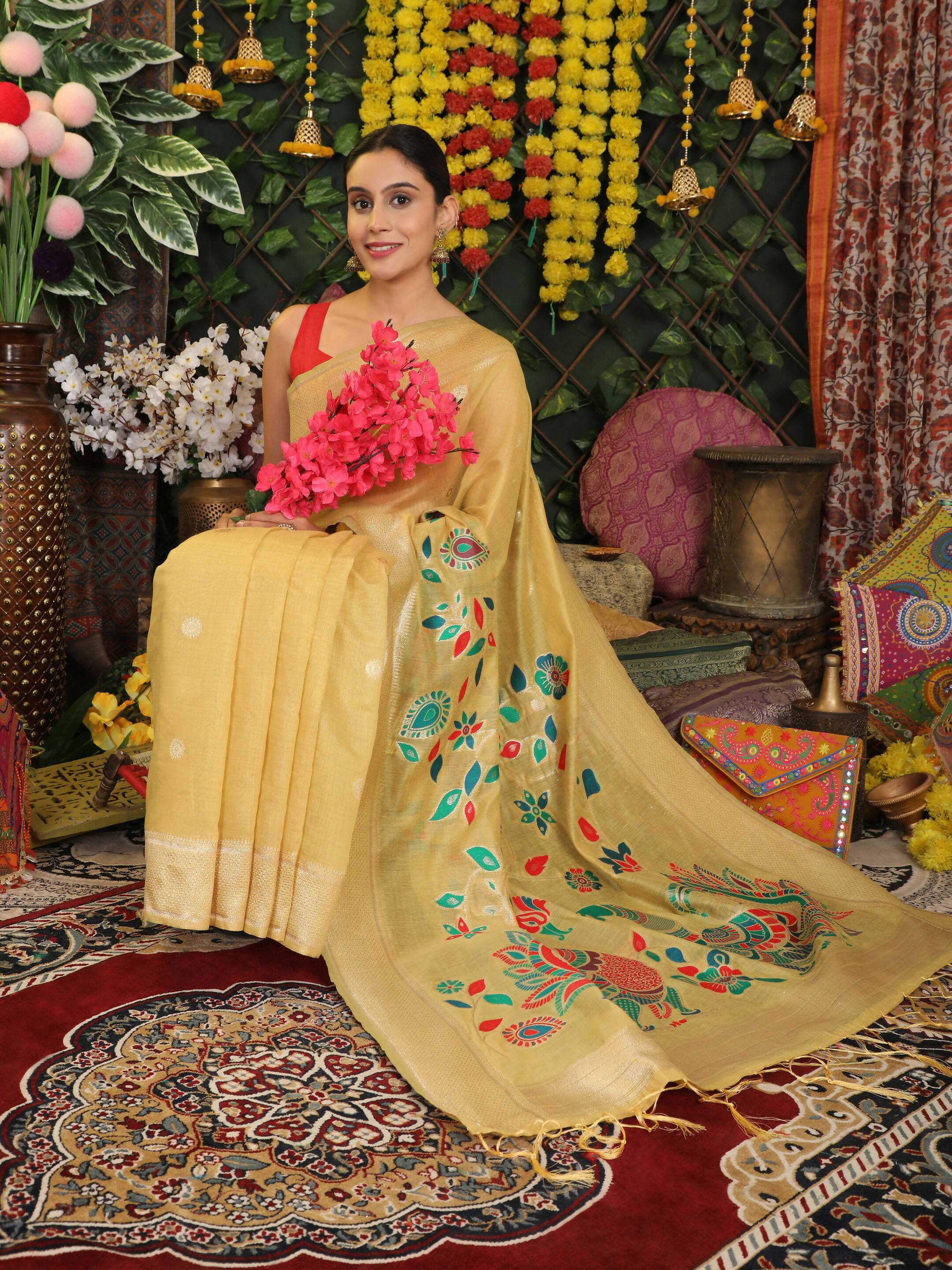 Shree Shyam Fashion Linen Cotton Yellow Saree