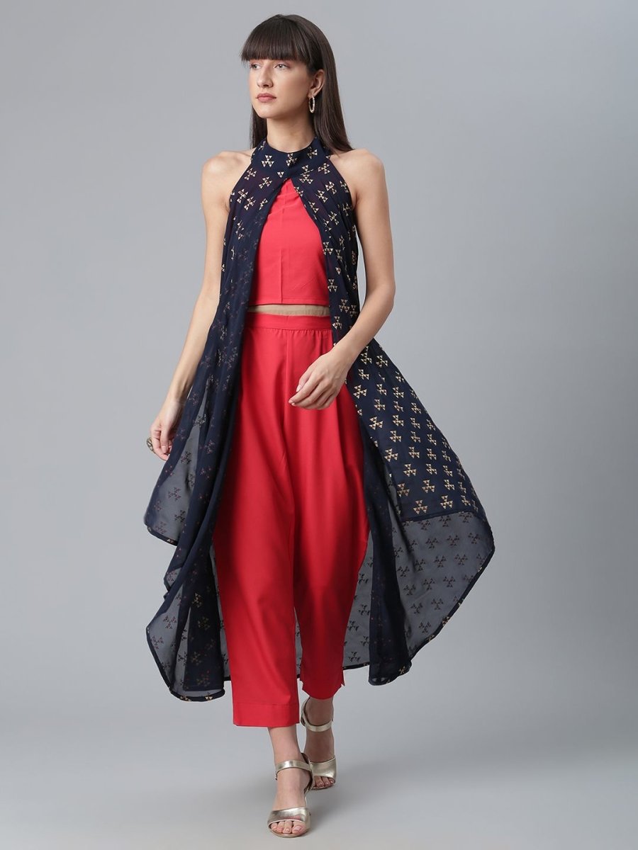 Ahalyaa Women Red Crepe Solid kurta Pant with Printed Jacket