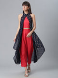 Ahalyaa Women Red Crepe Solid kurta Pant with Printed Jacket