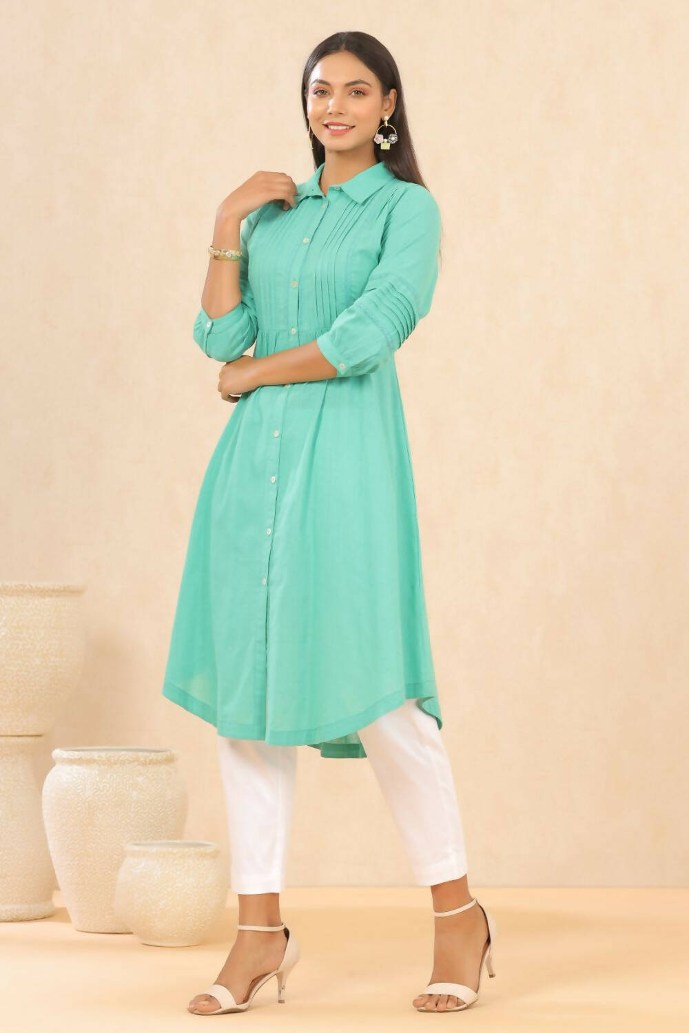 Juniper Womens Blush Turquoise Cotton Slub Solid Mid Length Shirt Dress With Lace Detailing