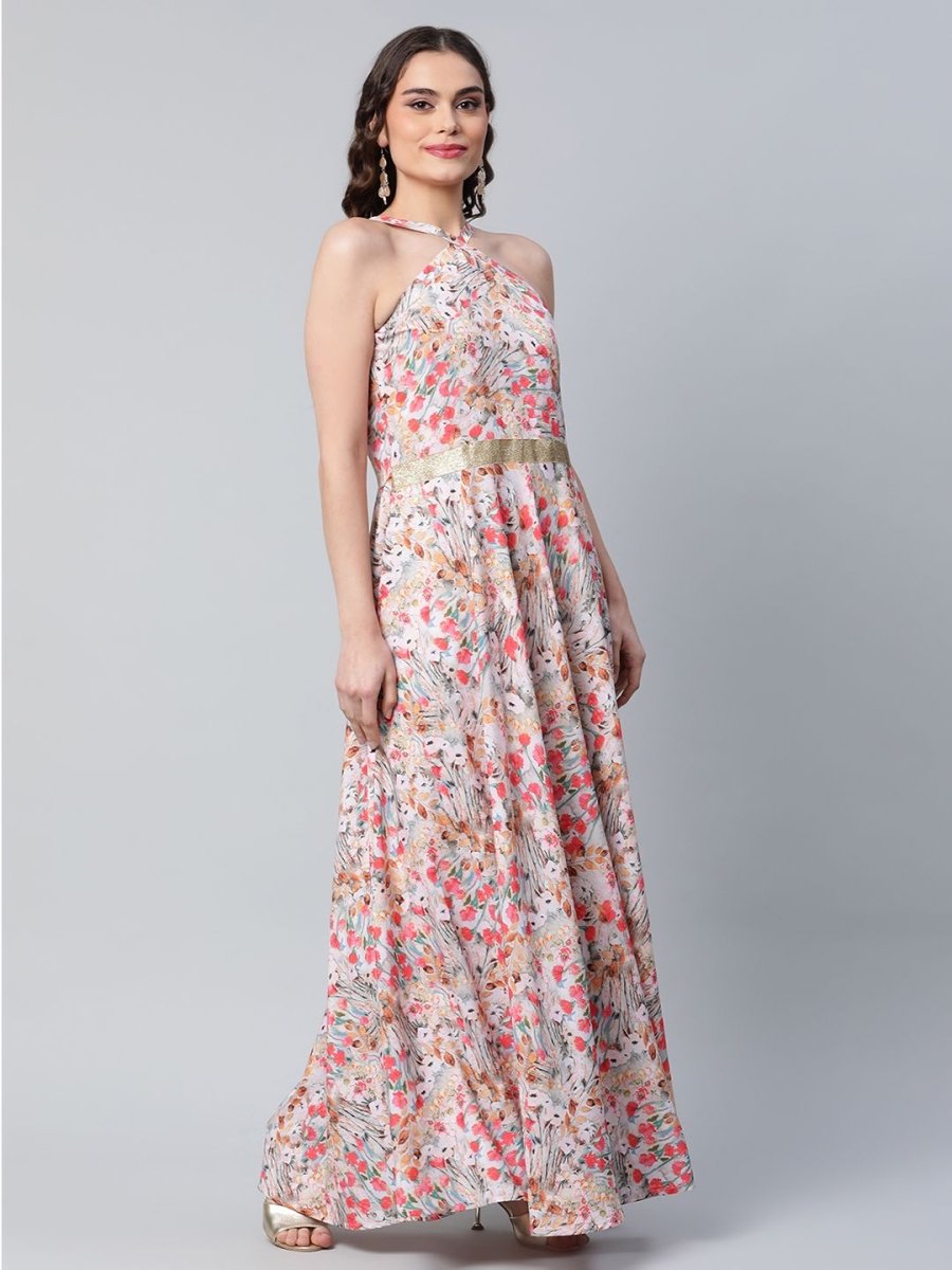 Ahalyaa Women Crepe Printed Classic White Romantic Florals Dress