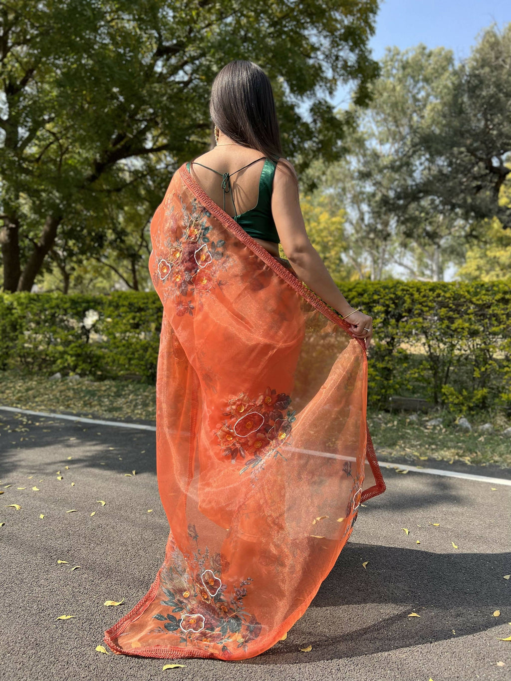 Vamsee Firozi Orange Organza Saree