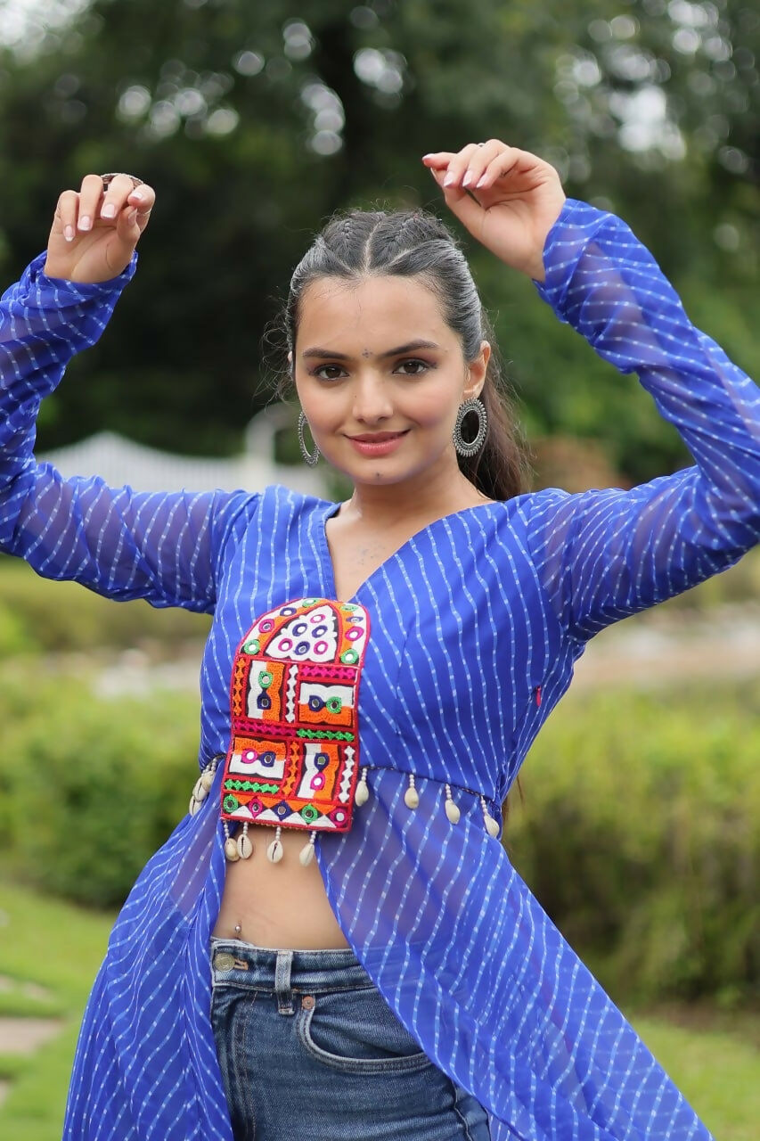 Vastranavya Blue Navratri Special Kutchi Patch Work with Leheriya Printed Kurti