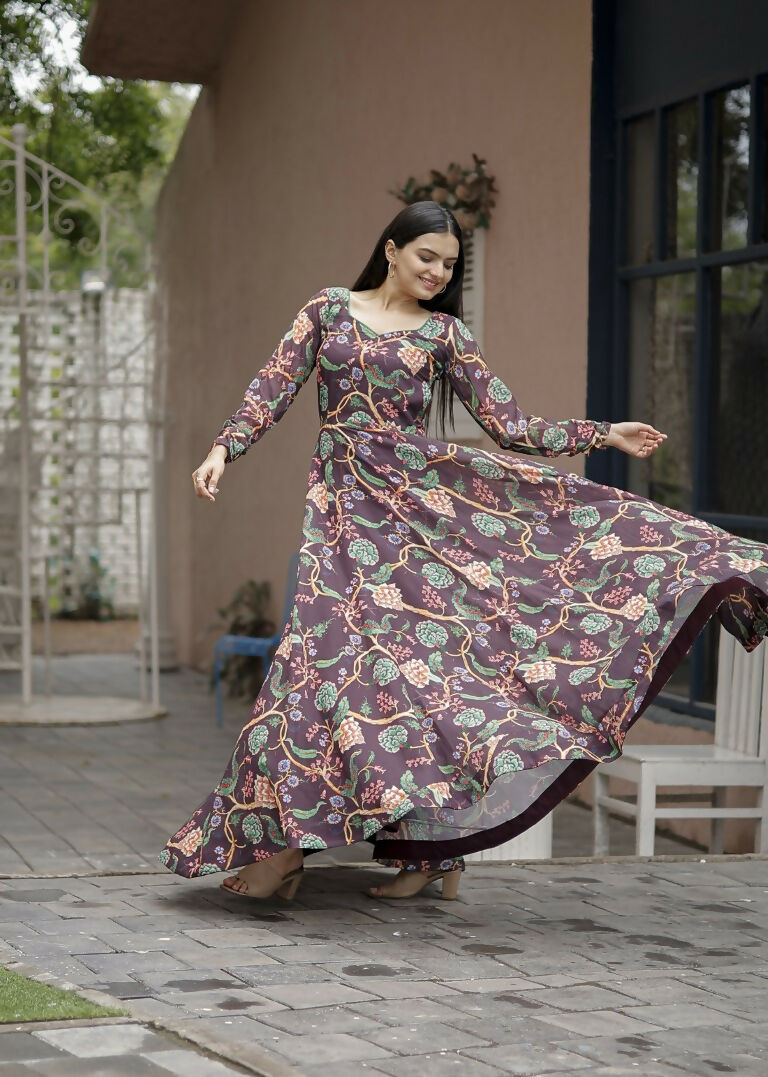 Jyoti Fashion Women's Coffee Faux Georgette Floral Digital Printed Anarkali Dress with Dupatta