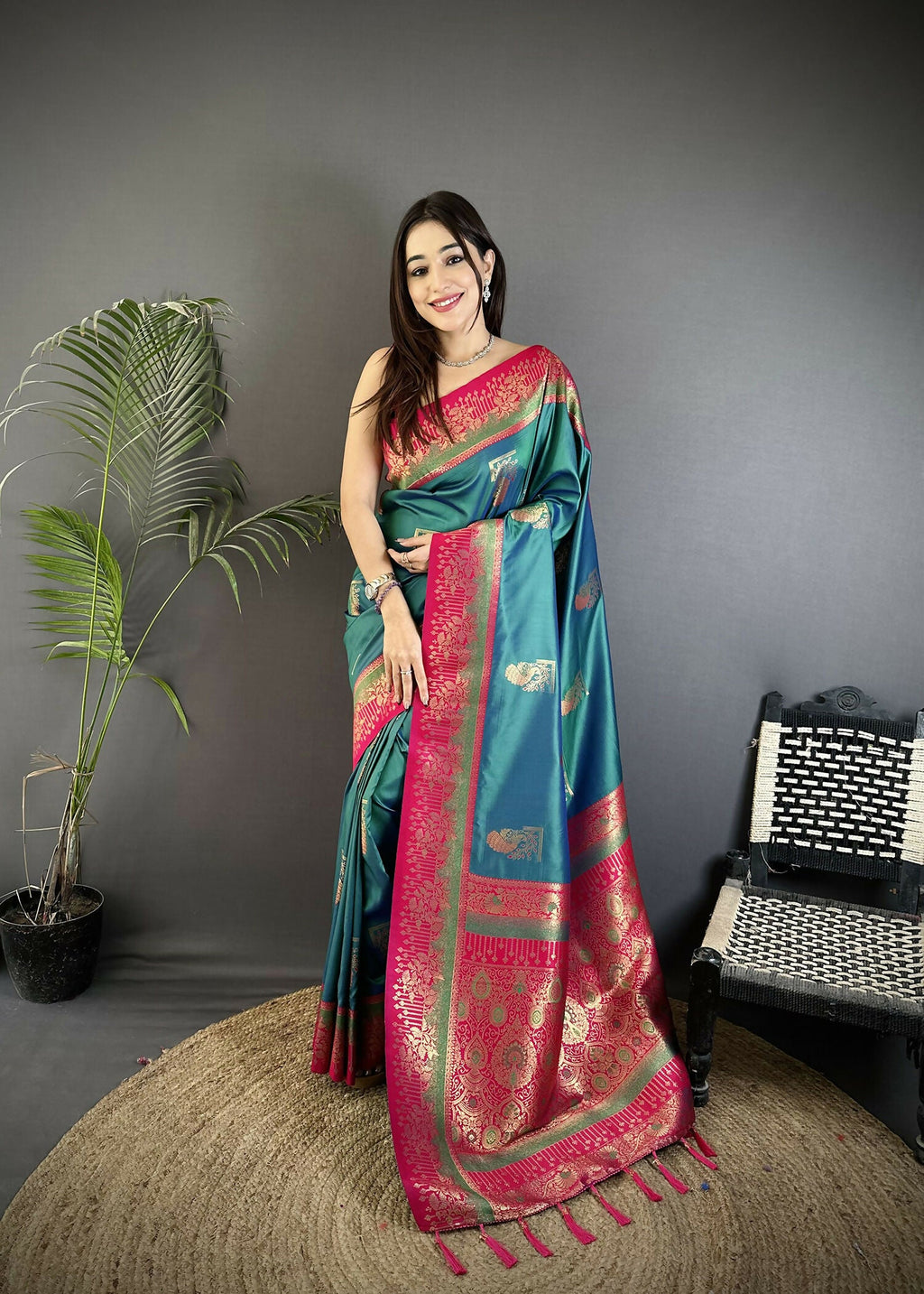 Joban Fashion Teal Banarasi Soft Silk Peacock Butta Work Saree