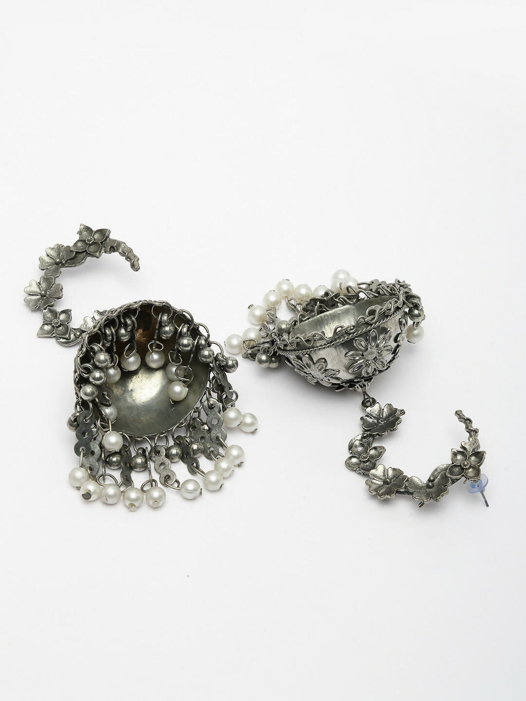 NVR Women's Silver Plated Pearl Beaded Oxidised Contemporary Jhumka Earrings