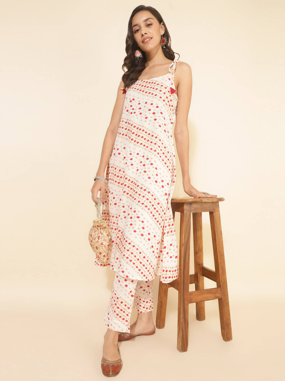 Janasya Women's White Cotton Geometric Printed Casual A-line Co-ords