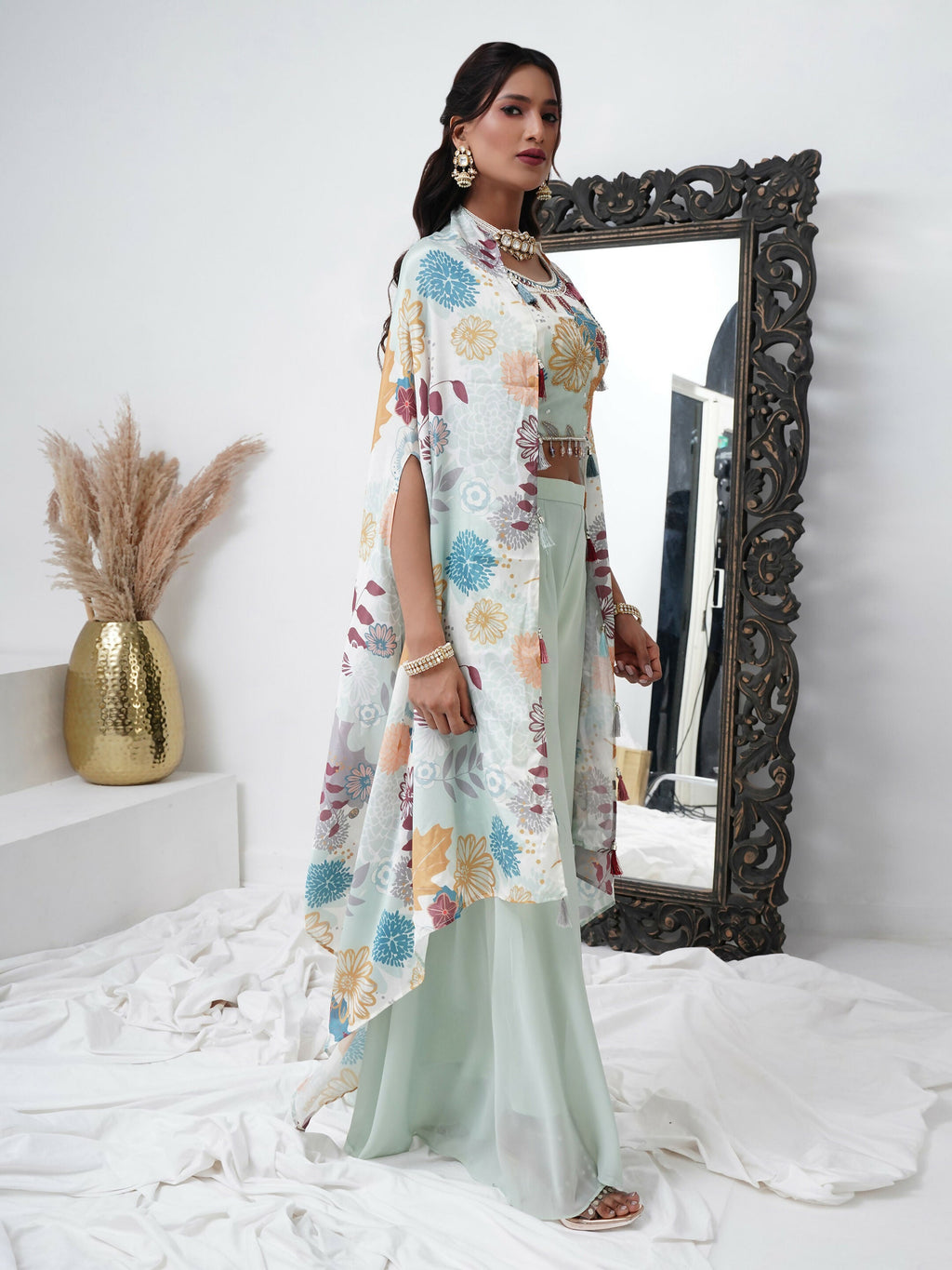 Sea Green Digital Chinon Handwork Top with Palazzo & Shrug - Naomika