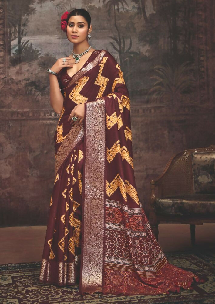 Joban Fashion Maroon Dola Tussar Silk Self Jacquard Border Saree
