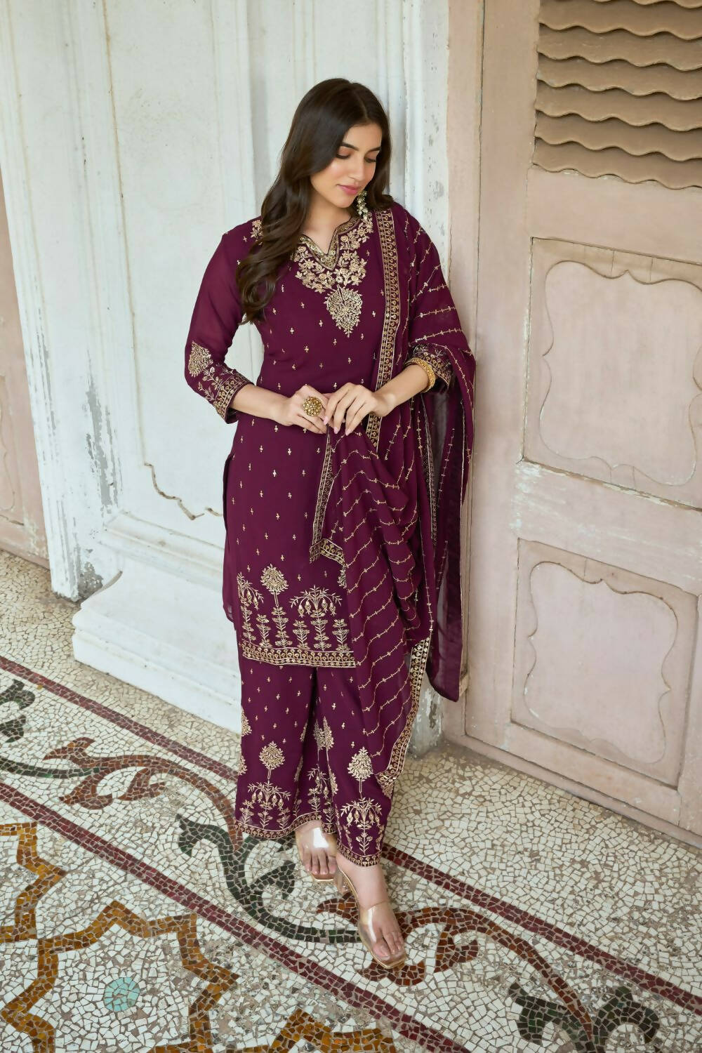 Wine Heavy Fox Georgette Embroidered Semi Stitched Suit - Dhvani