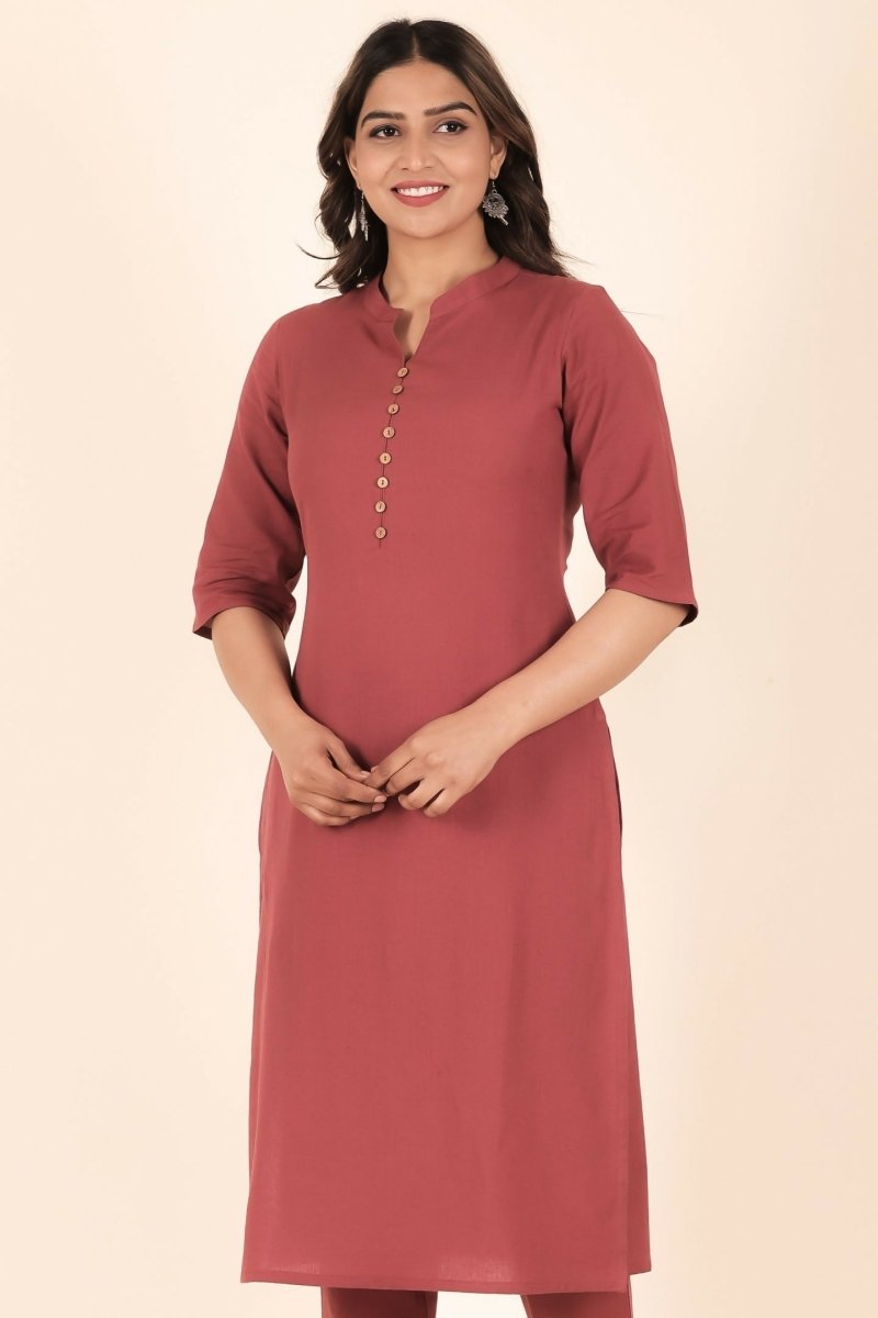 Aramya Pink Linen Cotton Solid Straight Kurta for Women