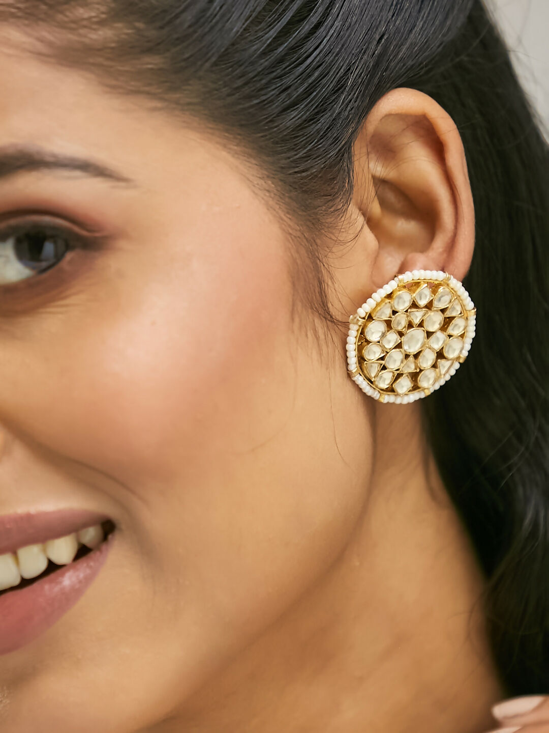 Nuyug 22K Gold-Plated Elegant Kundan Stone Studded & Pearl Beaded Disc Studs