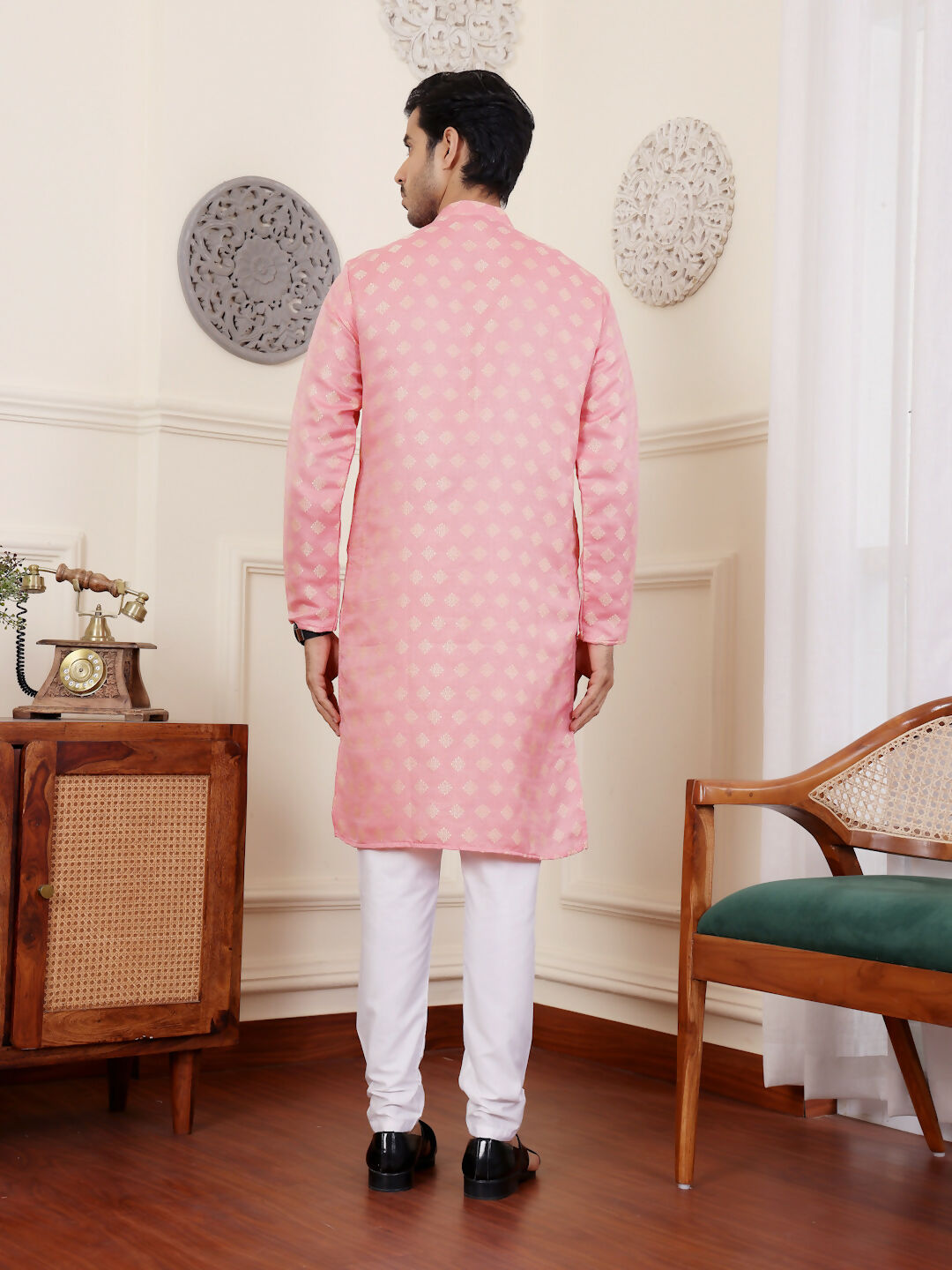 Pink Viscose Woven Jacquard Work Men's Rajwadi Kurta Set - Mahotsav