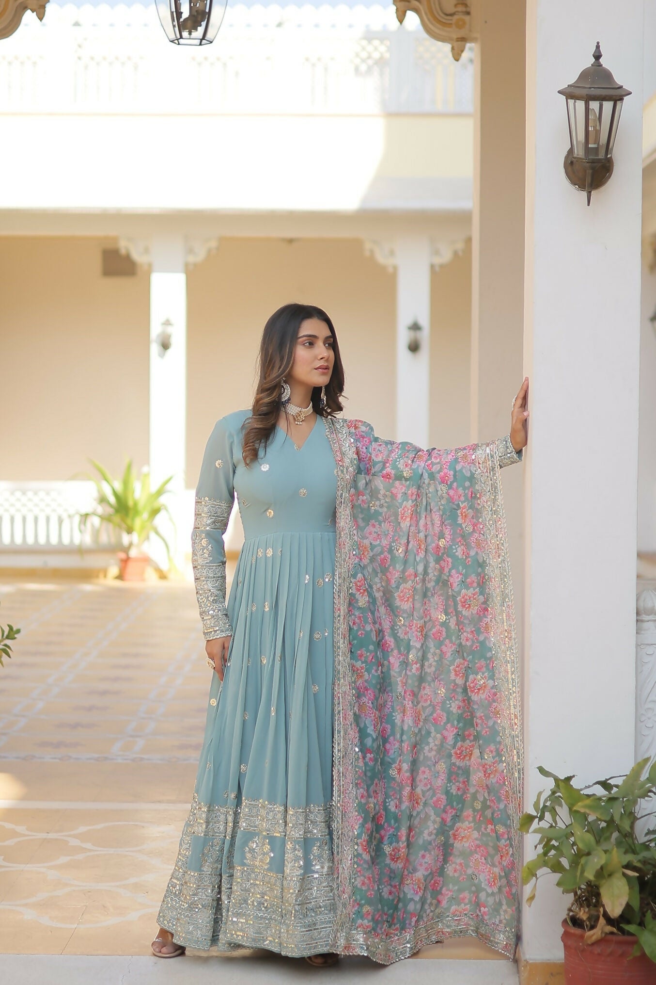 Joban Fashion Sky Blue Georgette Sequence Embroidery Work Kurta Set
