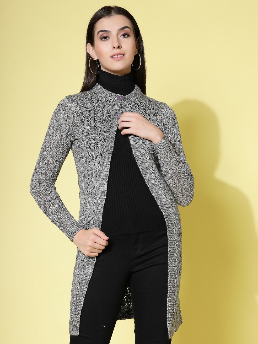 Women Self Design Long Grey Acrylic Winter Shrug - Wool Trees