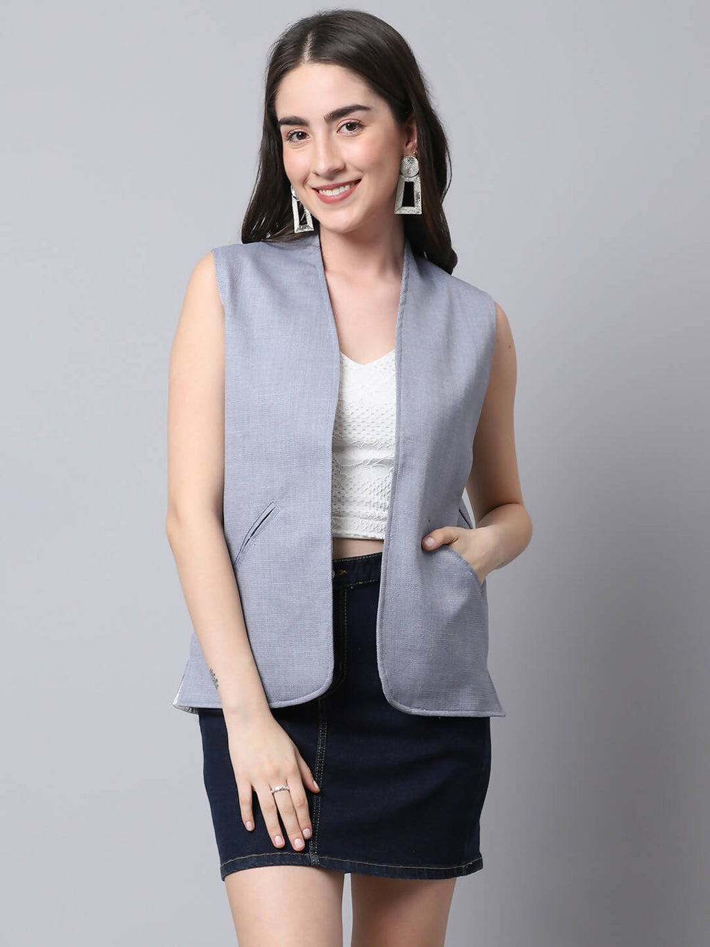 Even Apparels Grey Polyblend Open Front Women's Waistcoat