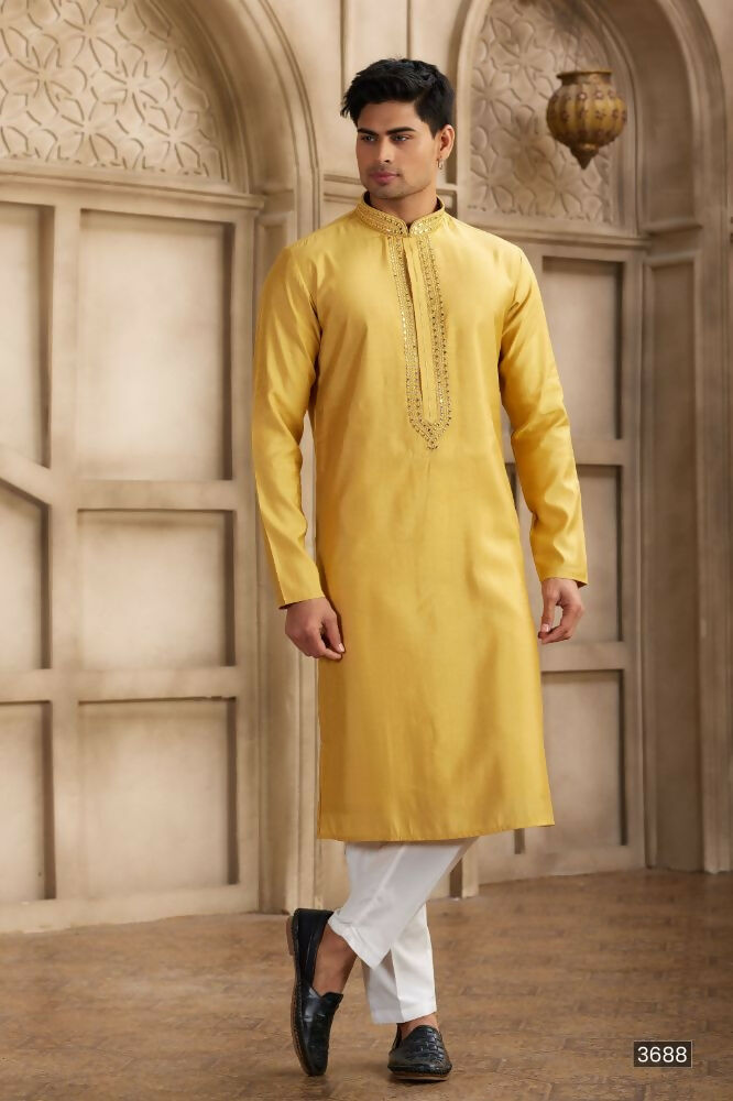 Raivat Ethnic Banarasi Art Silk Mirror Work Kurta Pajama In Rust Colour