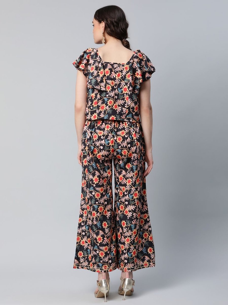 Ahalyaa Women Black Crepe Digital Print Top with Palazzo Set