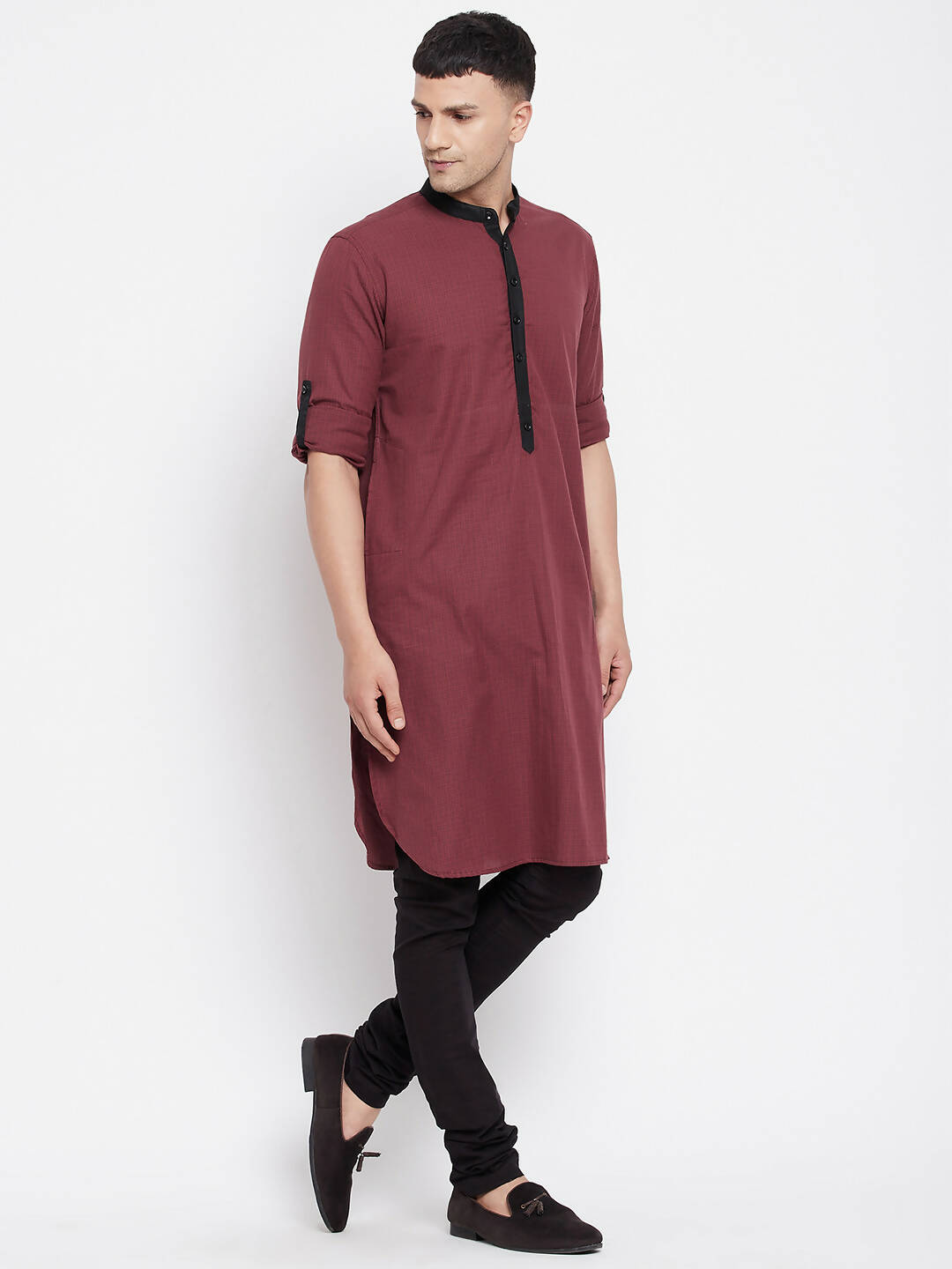 Even Apparels Maroon Pure Cotton Men's Kurta With Contrast Collar And Placket