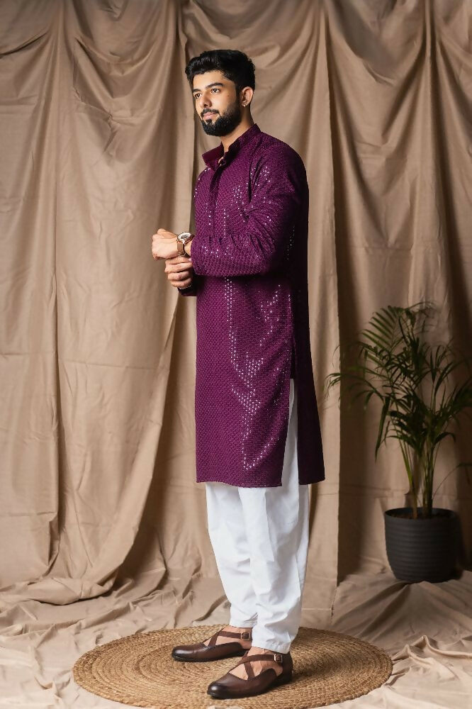 Wine Rayon Thread Embroidery Work Kurta Set - Mahotsav