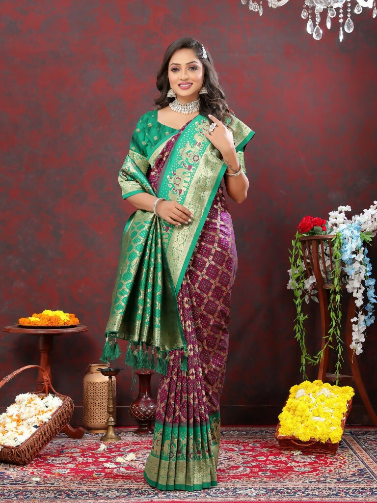 Vastranavya Purple Soft Patola Silk With Meenakari Weaving Motifs And Rich Zari Weaving Pallu Saree With Matching Blouse Fabric