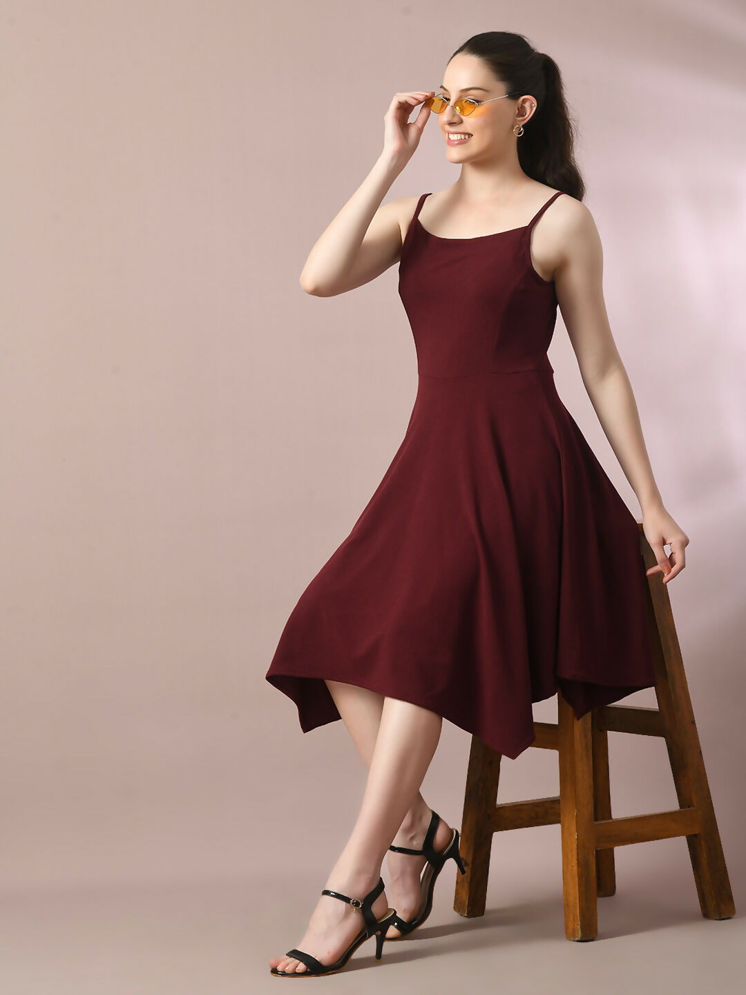 Myshka Women's Maroon Solid Shoulder Straps Fit and Flare Party Dress