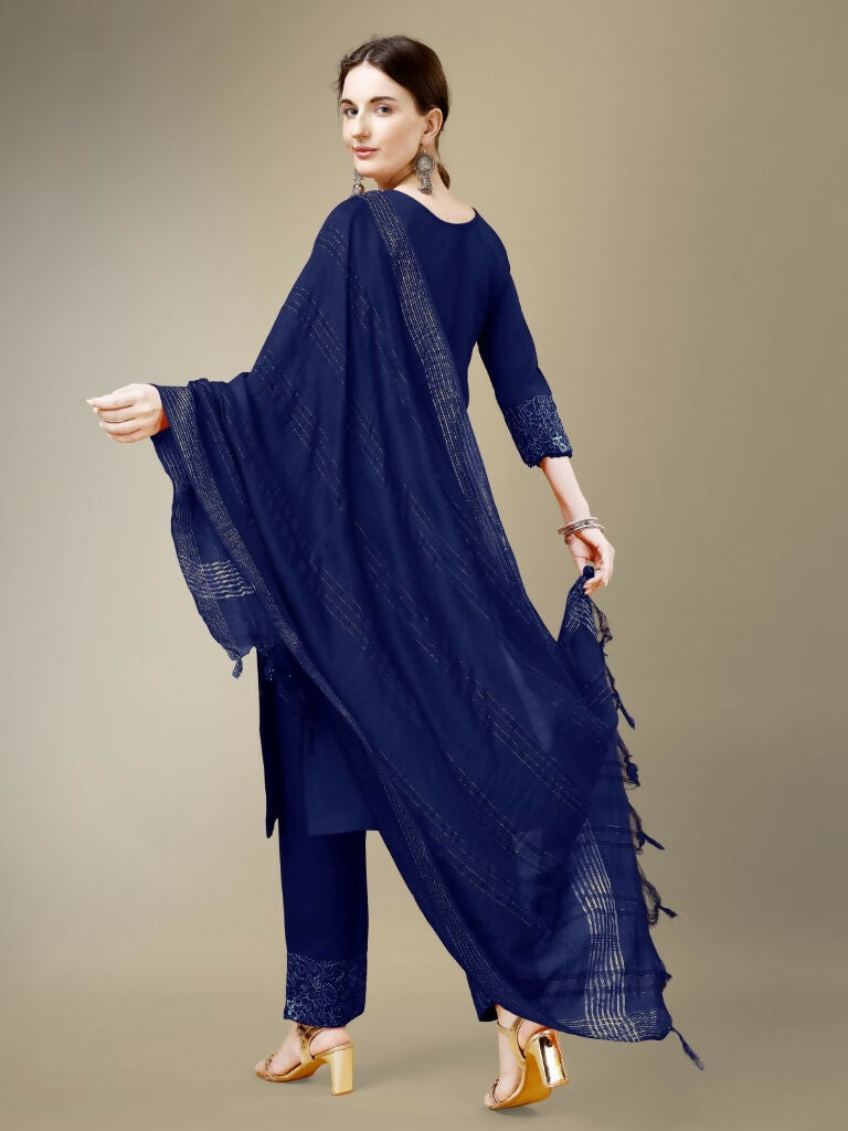Jyoti Fashion Women's Navy Blue Cotton Blend Embroidery & Fancy Lace work Kurta with Trouser & Dupatta
