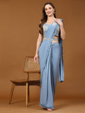 Blue Lycra Solid Ready to wear Saree with stitched Blouse - Vanita