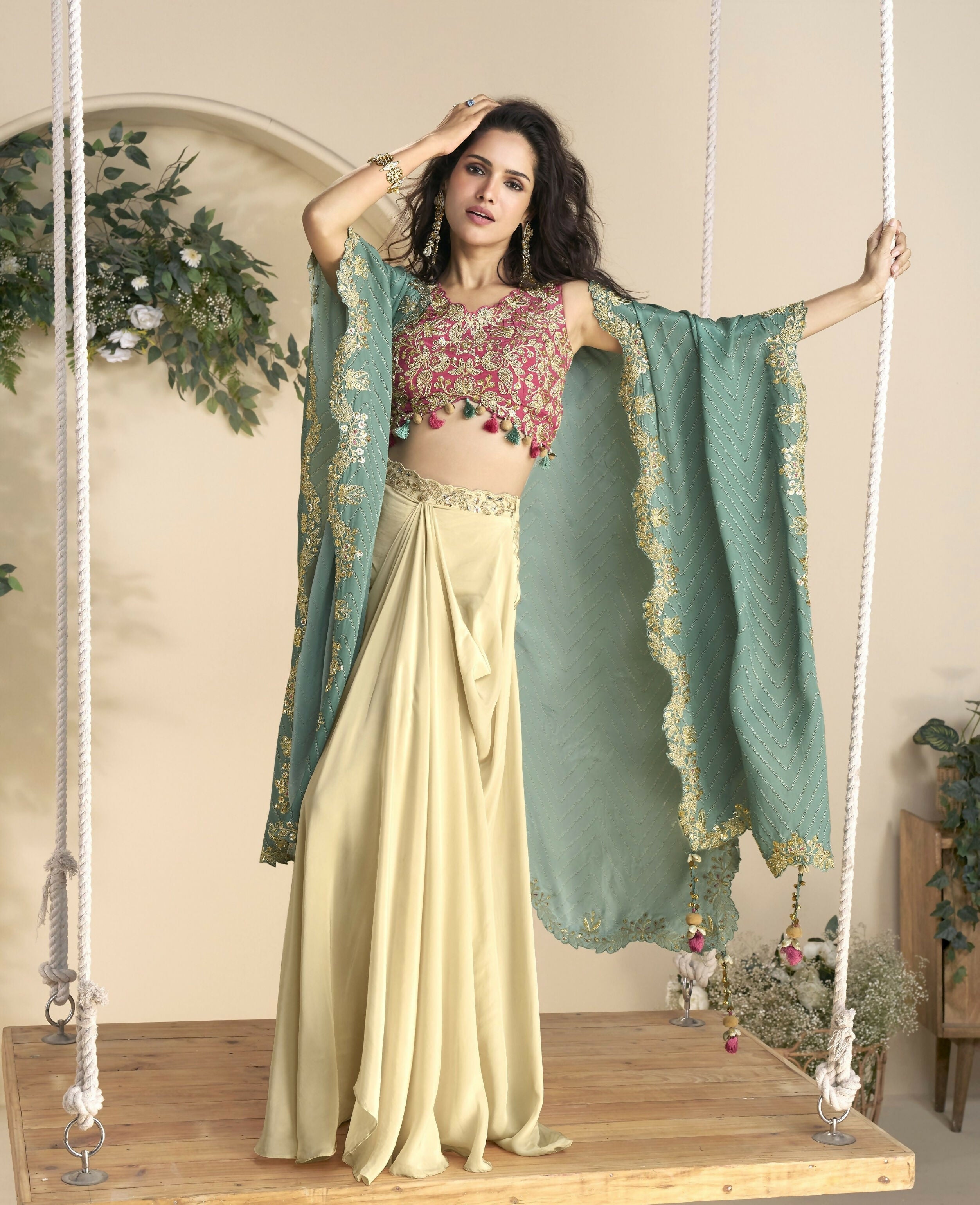 Anaita Maroon Chinon Readymade Shrug Suit with Embroidery Sequence Work