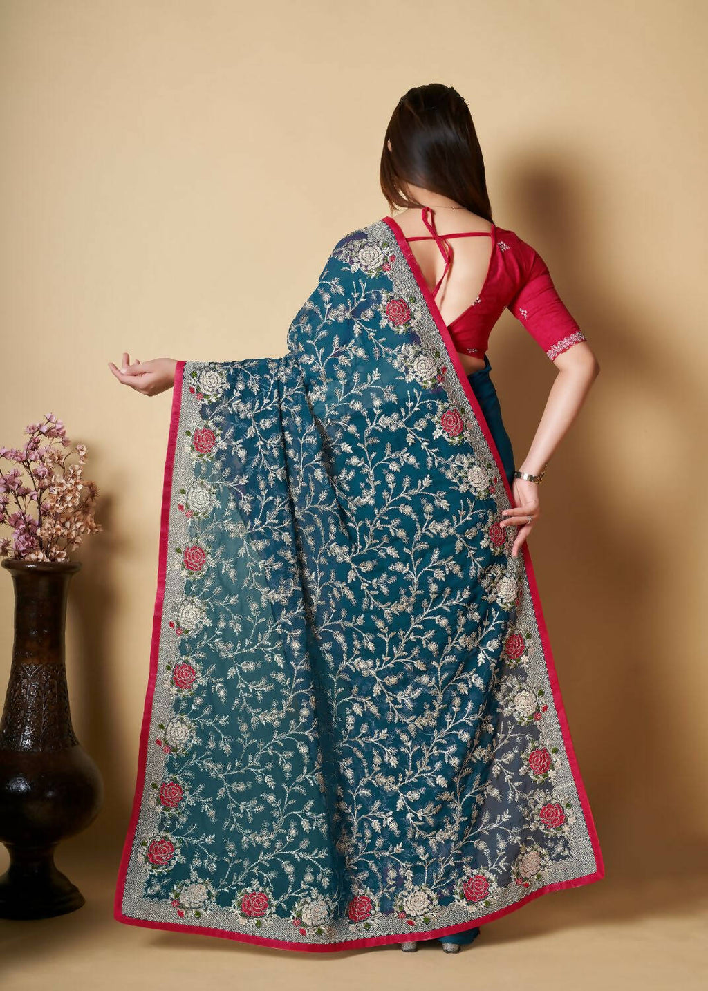 Vamsee Teal Organza Saree