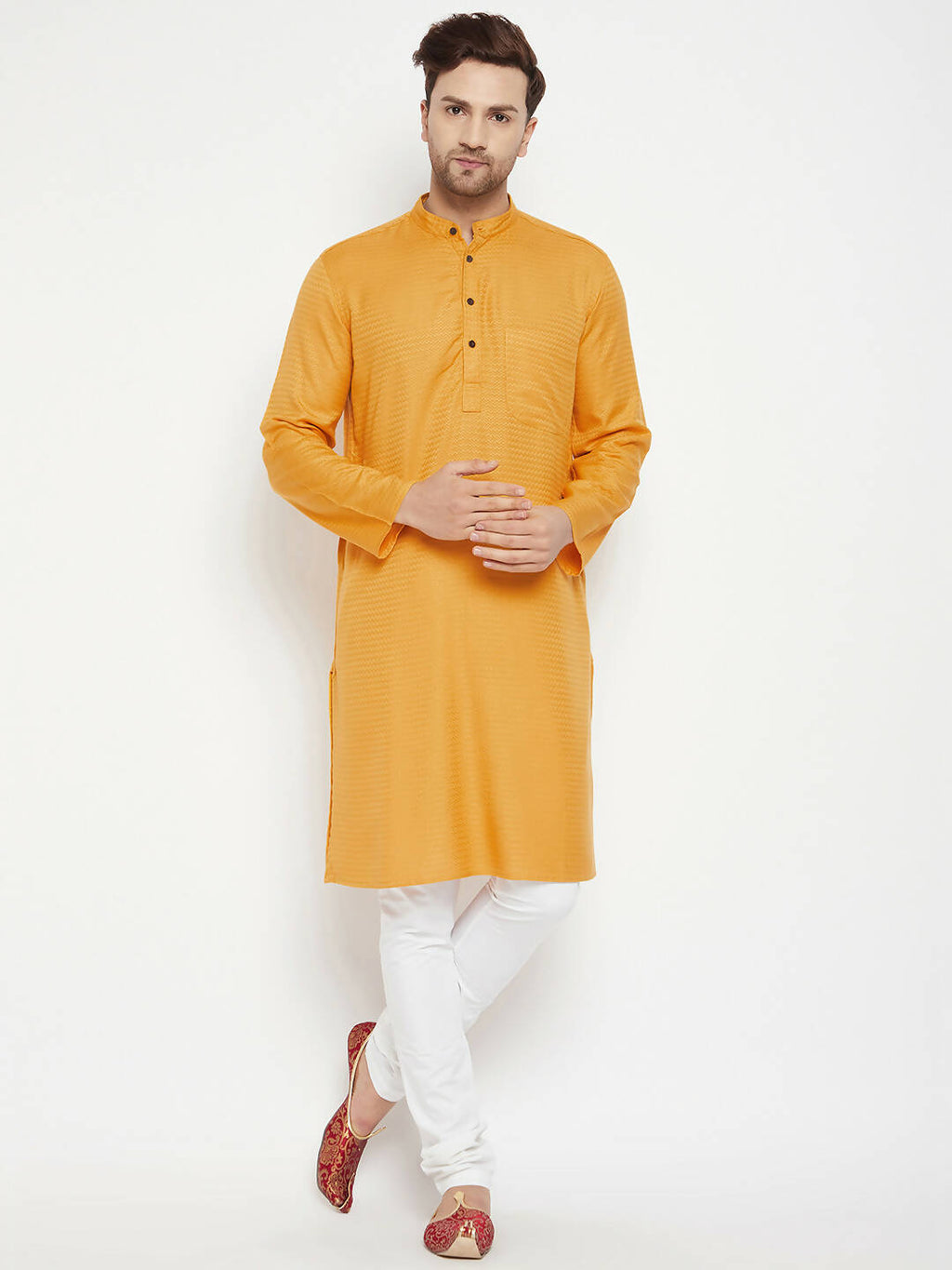 Even Apparels Yellow Viscose Men's Long Kurta With Band Collar