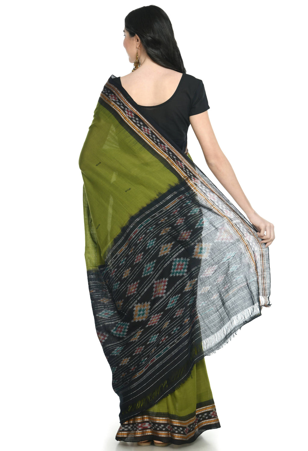 Vamika Sambalpuri Ikat Cotton Rekhabala Buti Green & Black Saree