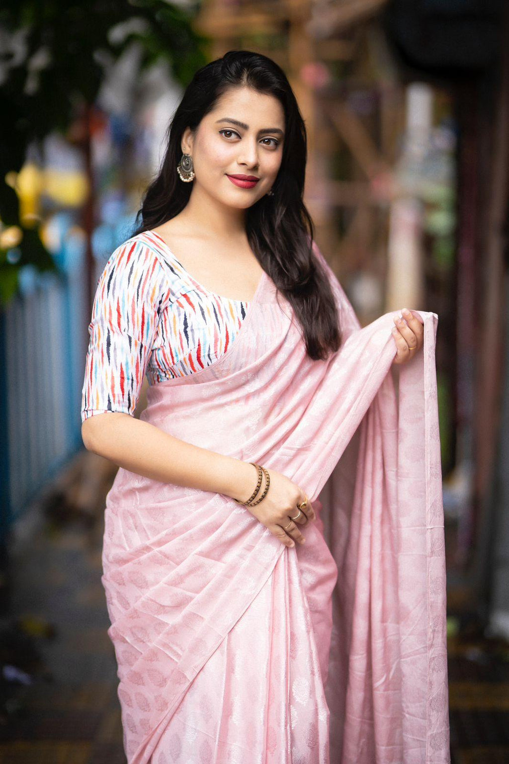Pink Poly Crepe Ethnic Motifs Saree with Unstitched Blouse - A2M