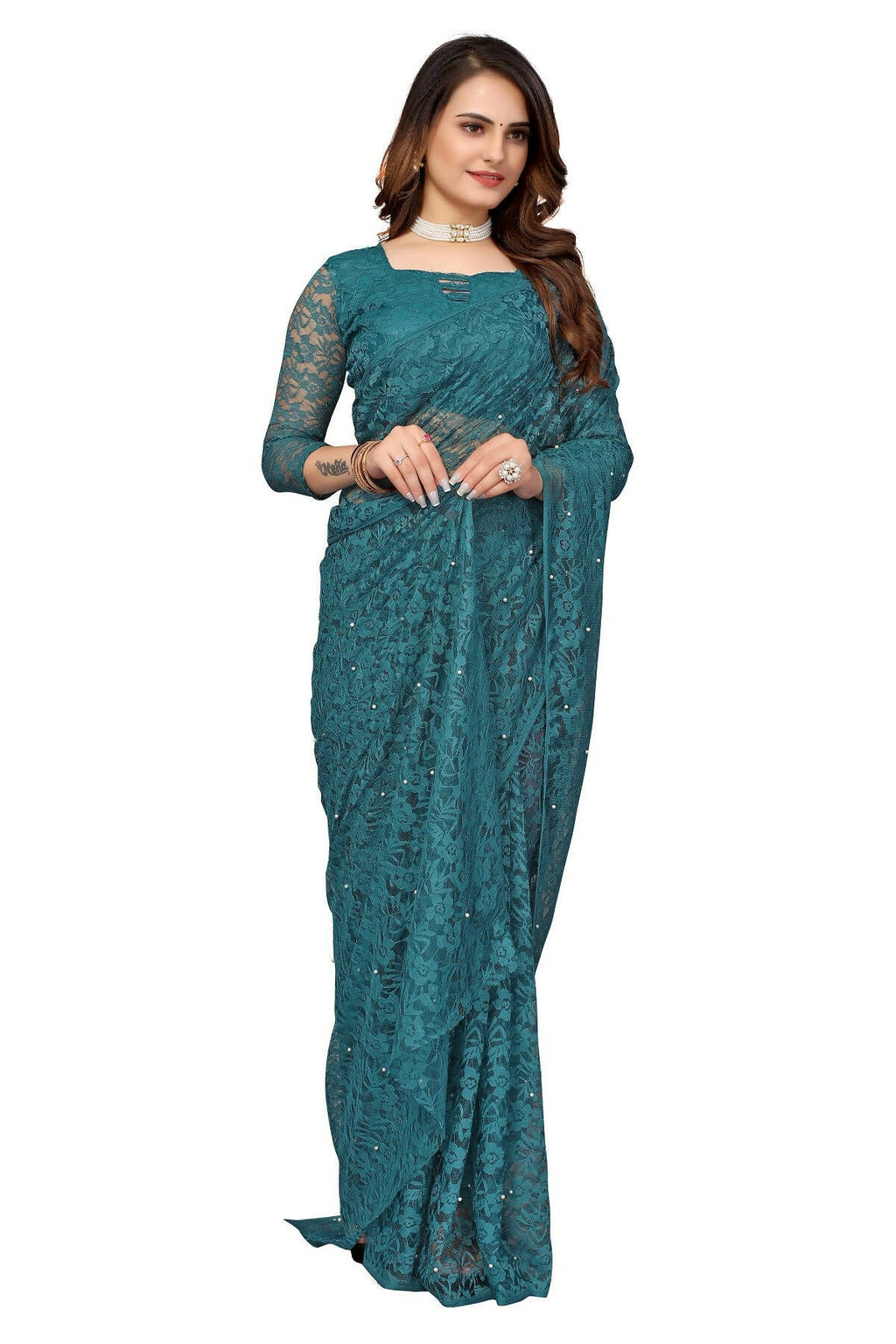Vamika Rama Green Pearls Net Saree