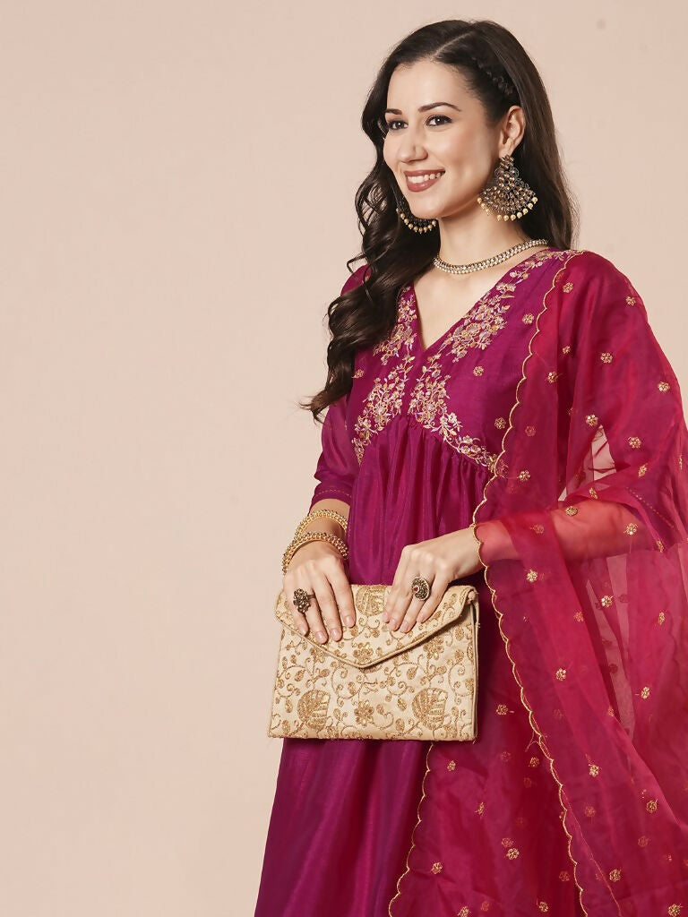 Pink Vichitra Silk Embroidery Work Kurta Set - Riya