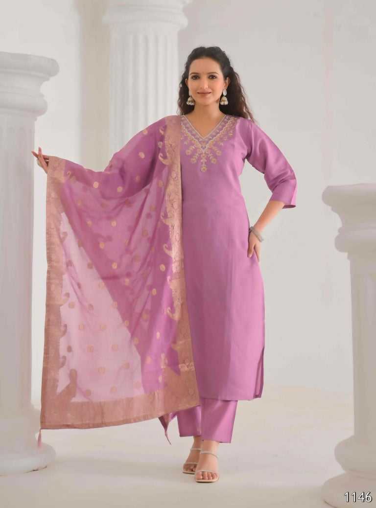 Ethnic Festive Wear Viscose Chanderi Pink Stitched Suit With Dupatta - Tanisha