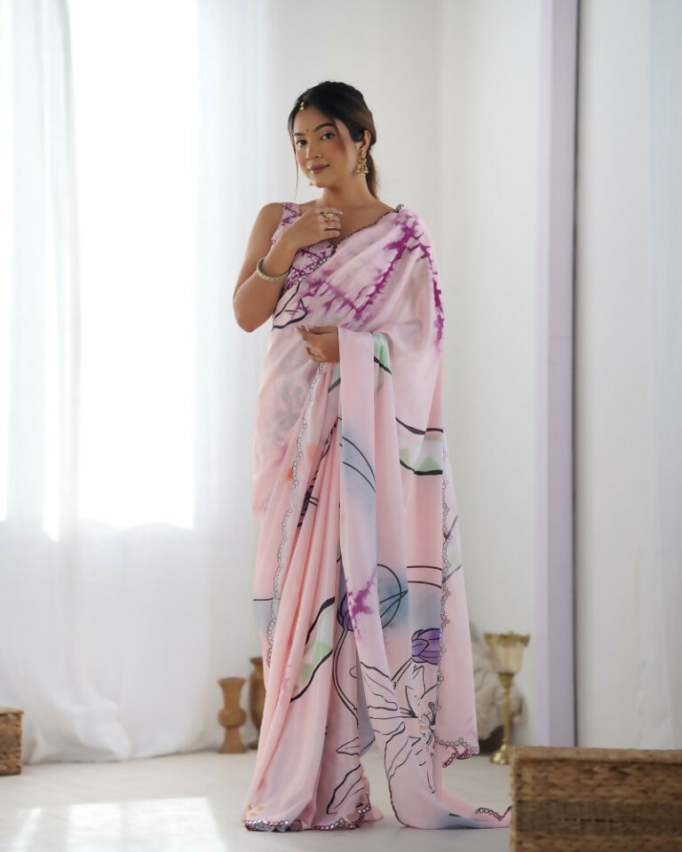 Pink Chinon Designer Digital Printed & Mirror Cut Work Saree - Kriti