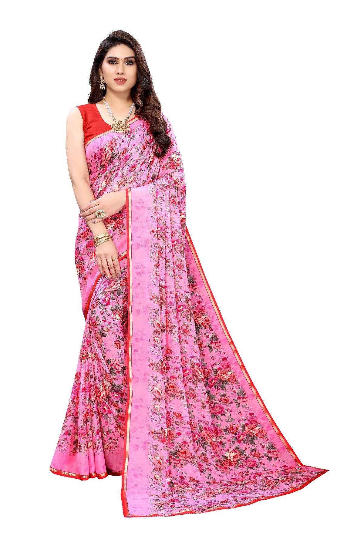 Vamika Ethnic Fire Pink Printed With Lace Saree