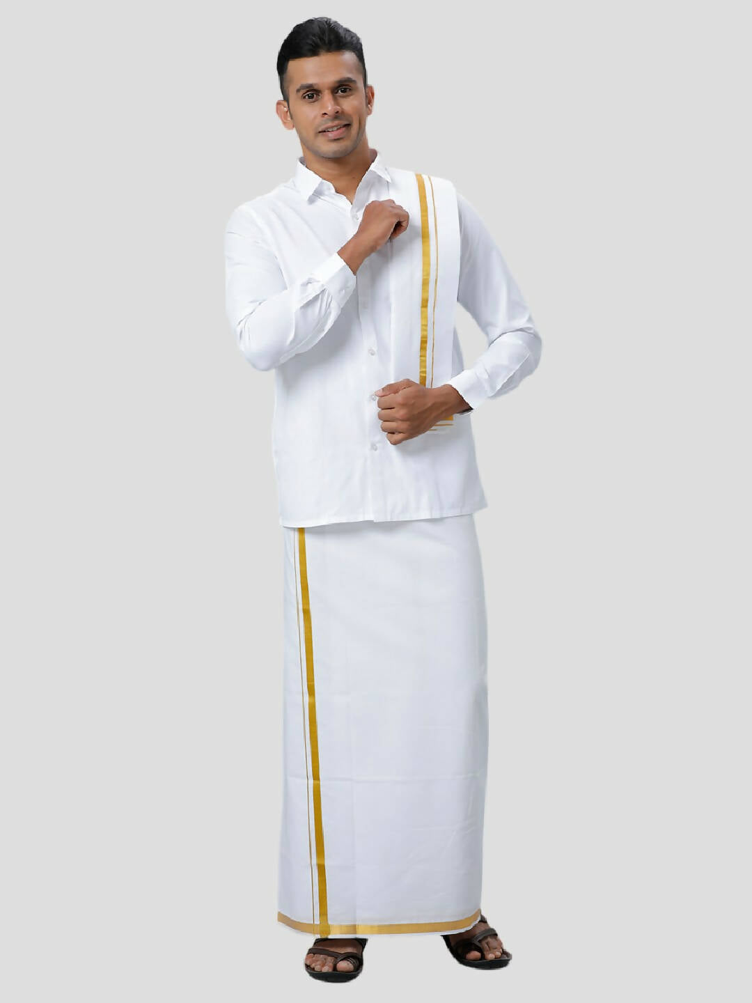 Ramraj Cotton Mens 1/4 " Poly Cotton Gold Jari Dhoti And Towel Set - White