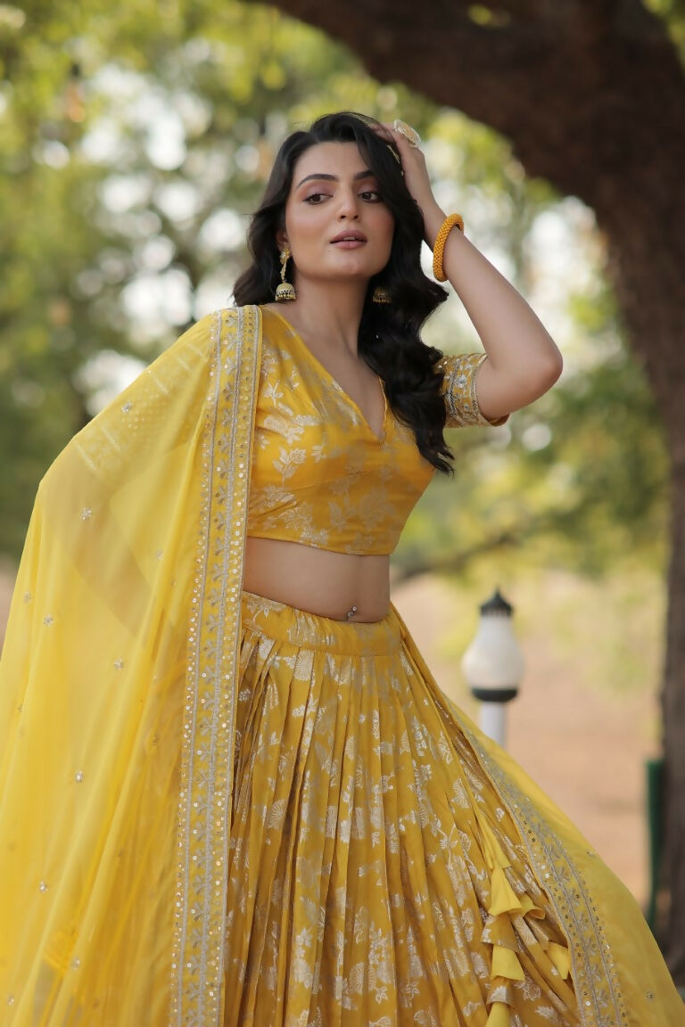 Vastranavya Designer Dyeable Pure Viscose Jacquard Fabric Lehenga Choli & Dupatta Set - Yellow