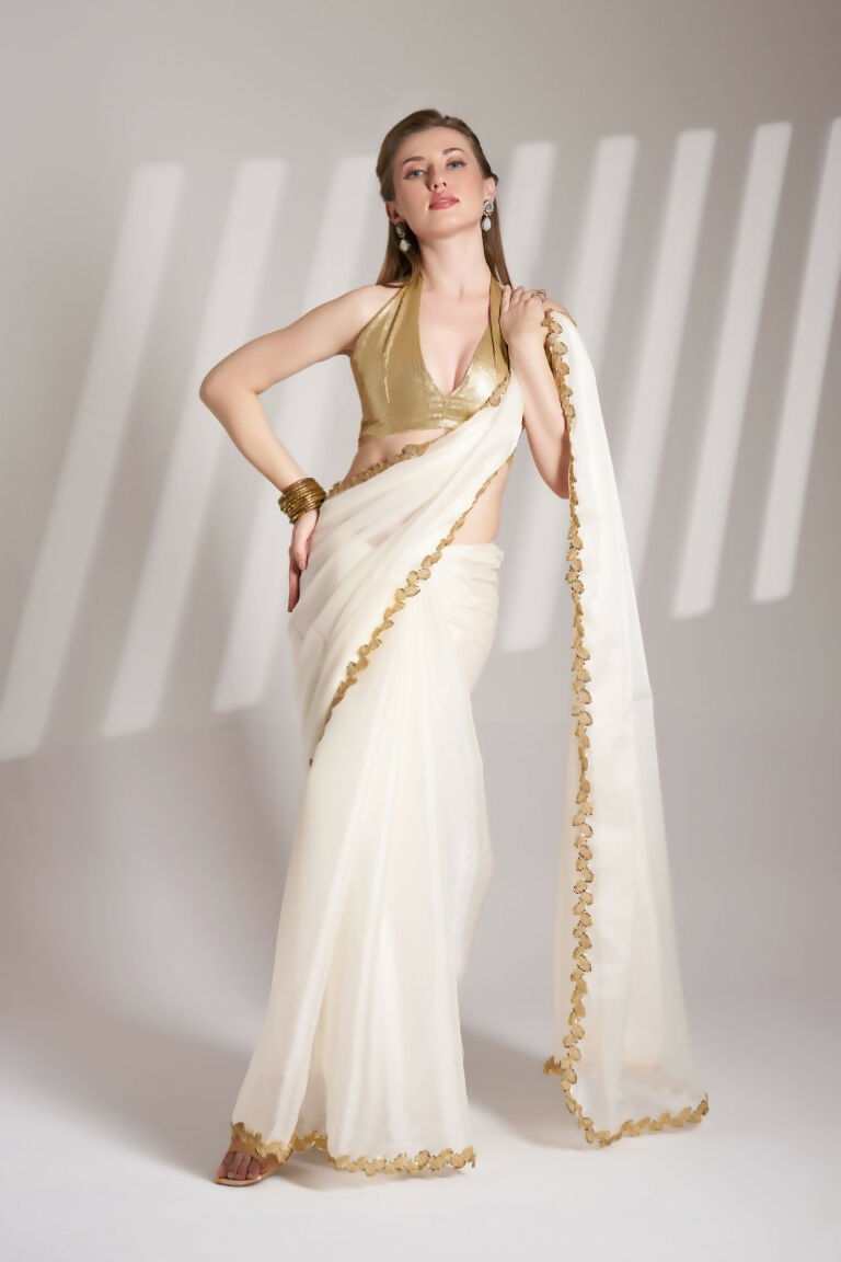 White Burberry Organza Solid Fancy Designer Saree - Nafisa