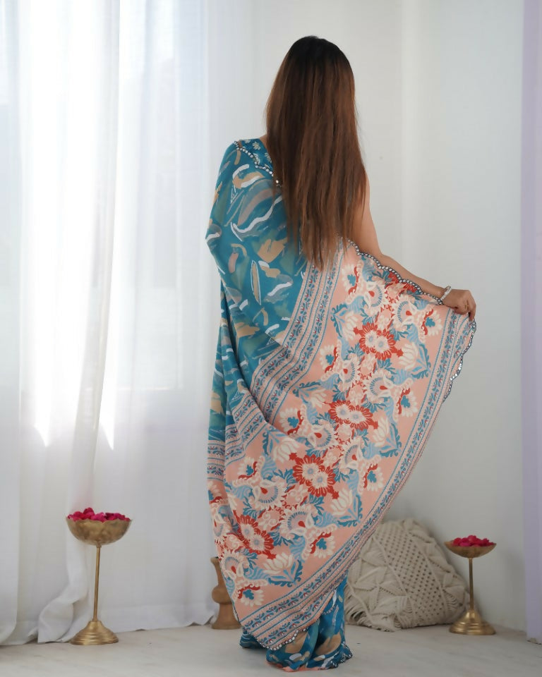 Teal Chinon Designer Digital Printed & Mirror Cut Work Saree - Kriti