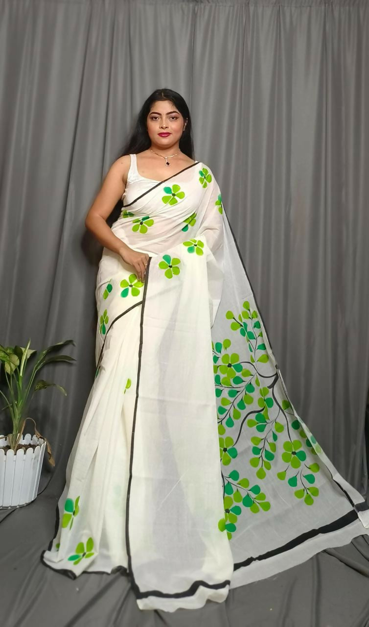 Exclusive Collection Beautiful White Light Green Pure Cotton Hand Print Handloom Saree With Running Blouse Piece