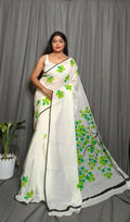 Exclusive Collection Beautiful White Light Green Pure Cotton Hand Print Handloom Saree With Running Blouse Piece